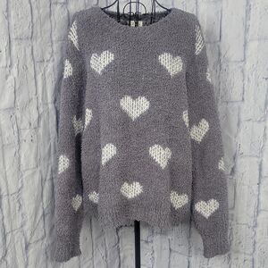 POL Gray Heart Pattern Fuzzy Oversized Popcorn Knit Sweater Medium